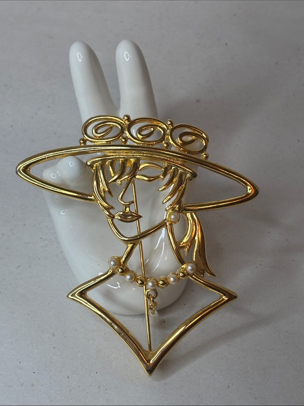 Gold Tone JJ Lady Silhouette Brooch with Faux Pearl Accents